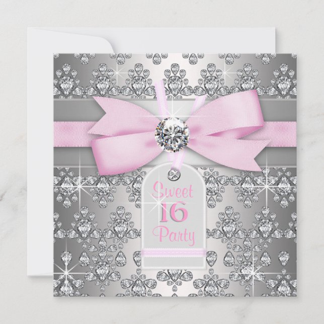Silver Diamond Pink and Grey Birthday Party Invitation (Front)