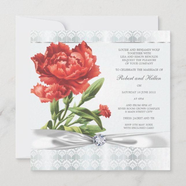 Silver Diamond & Red Flower Elegant Wedding Invitation (Front)