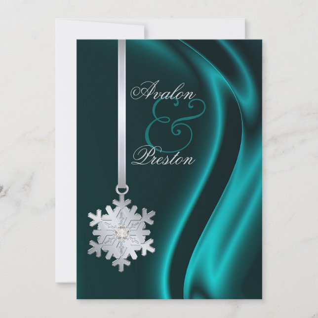 Silver Diamond Snowflake Teal Silk Invitation (Front)