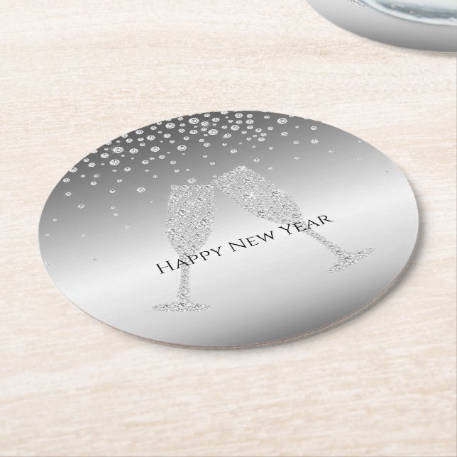 Silver Diamond Sparkle Champagne Glass New Year's Round Paper Coaster (Angled)