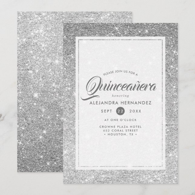 Silver Diamond Sparkle Glitter Elegant Quinceañera Invitation (Front/Back)