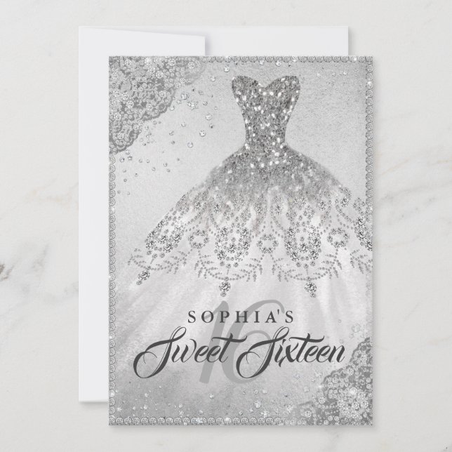 Silver Diamond Sparkle Gown Sweet Sixteen Invitation (Front)
