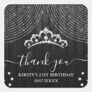 Silver Diamond Tiara on Black Wood Birthday Party Square Sticker