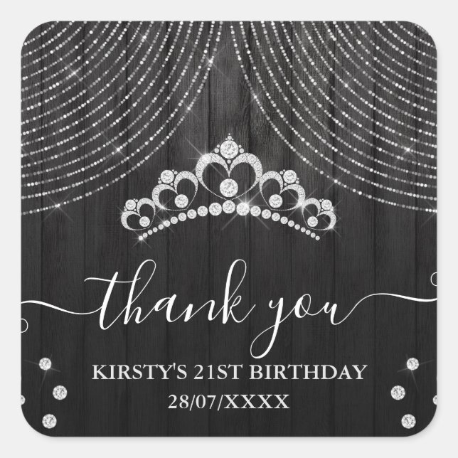 Silver Diamond Tiara on Black Wood Birthday Party Square Sticker (Front)