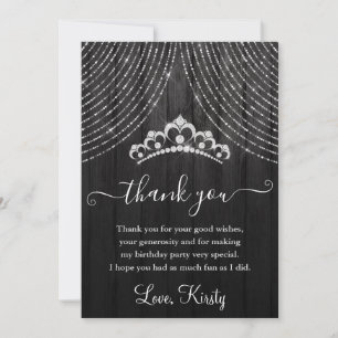 Silver Diamond Tiara on Black Wood Birthday Party Thank You Card