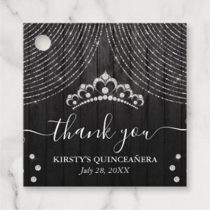 Silver Diamond Tiara on Black Wood Quinceanera Favour Tags