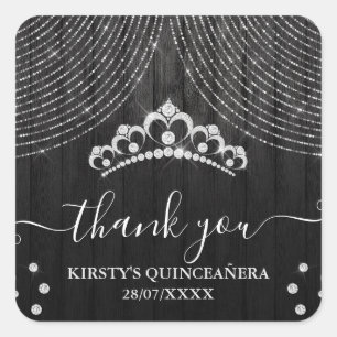 Silver Diamond Tiara on Black Wood Quinceanera Square Sticker