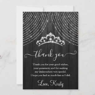 Silver Diamond Tiara on Black Wood Quinceanera Thank You Card