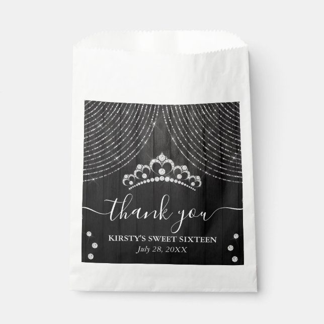 Silver Diamond Tiara on Black Wood Sweet Sixteen Favour Bags (Front)