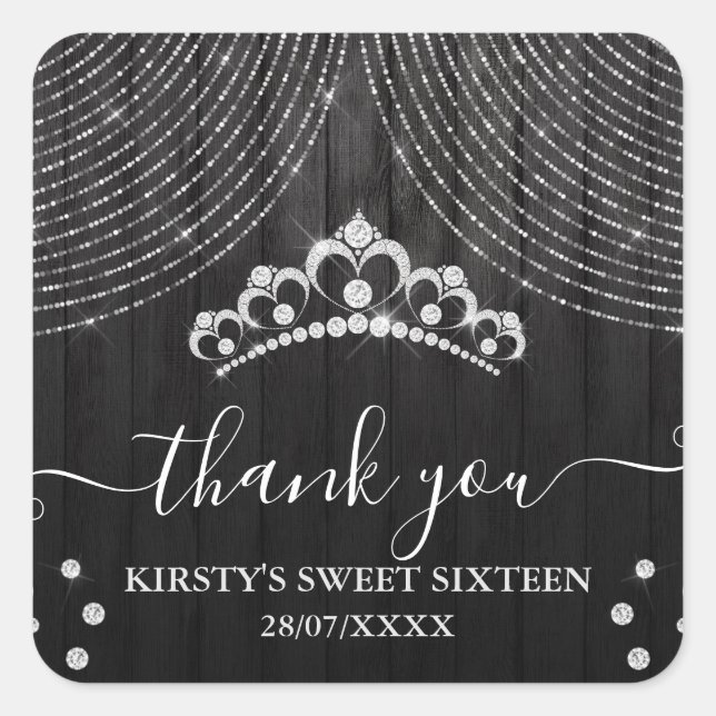 Silver Diamond Tiara on Black Wood Sweet Sixteen Square Sticker (Front)