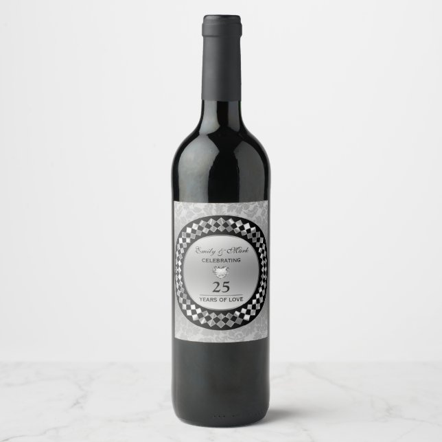 Silver Diamonds And Heart- Silver Anniversary Wine Label (Front)