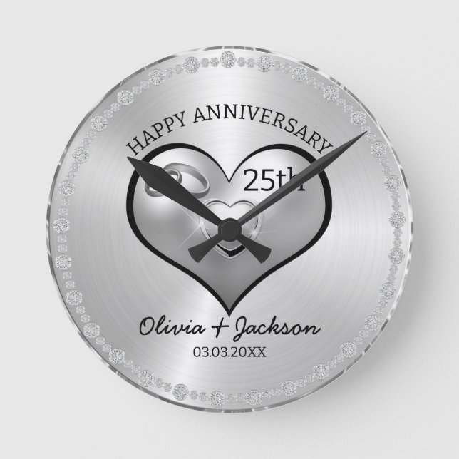 Silver Diamonds and Heart Wedding Anniversary Round Clock (Front)