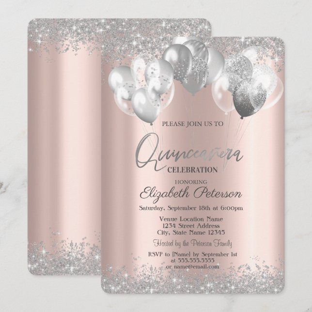  Silver Diamonds Balloons Rose Gold Quinceañera Invitation (Front/Back)