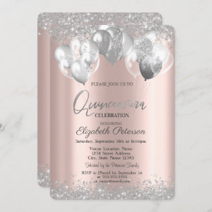  Silver Diamonds Balloons Rose Gold Quinceañera Invitation