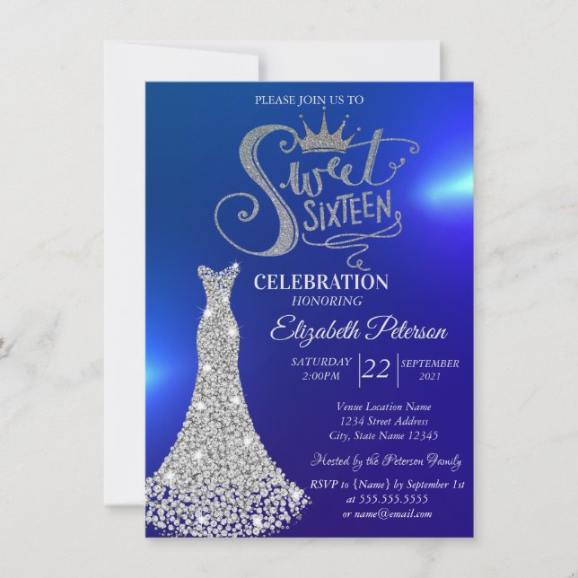 Silver Diamonds Dress,Diamonds Blue Sweet 16  Invitation (Front)