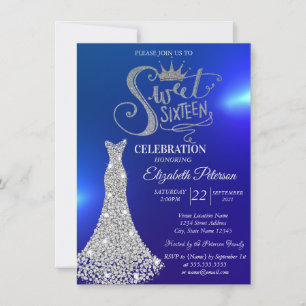 Silver Diamonds Dress,Diamonds Blue Sweet 16  Invitation