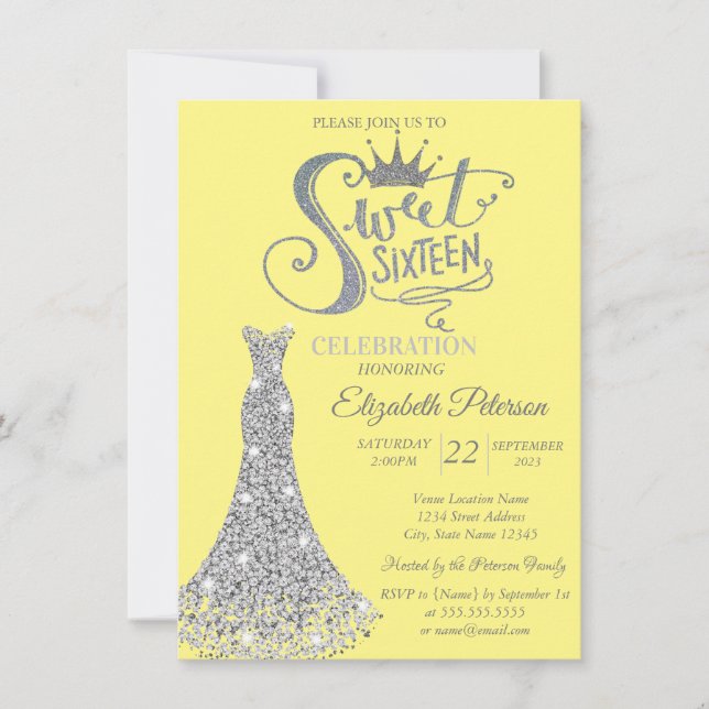 Silver Diamonds Dress,Diamonds Yellow Sweet 16  Invitation (Front)