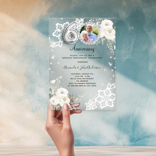 Silver diamonds florals 60th wedding anniversary acrylic invitations (Creator Uploaded)