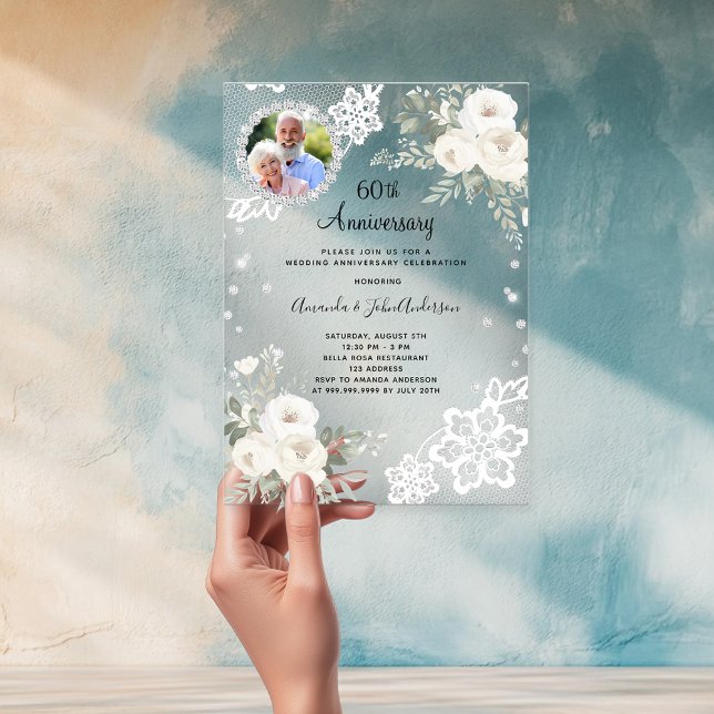 Silver diamonds florals 60th wedding anniversary acrylic invitations (Creator Uploaded)