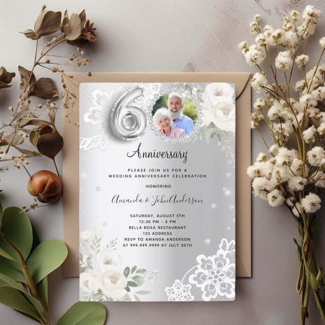 Silver diamonds florals 60th wedding anniversary invitation (Creator Uploaded)