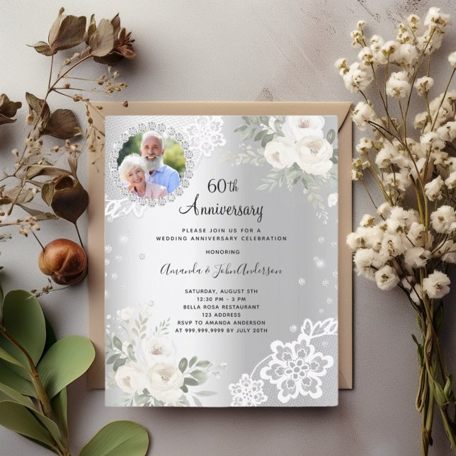 Silver diamonds florals 60th wedding invitation (Creator Uploaded)