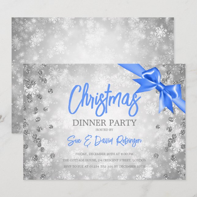 Silver Diamonds Glitter Blue Ribbon Christmas  Invitation (Front/Back)