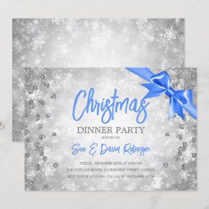 Silver Diamonds Glitter Blue Ribbon Christmas  Invitation