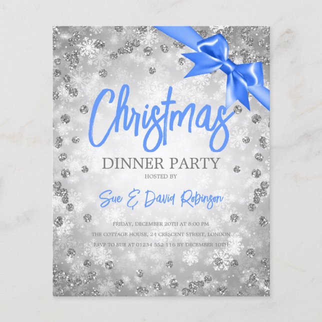 Silver Diamonds Glitter Christmas Blue Invite Flyer (Front)