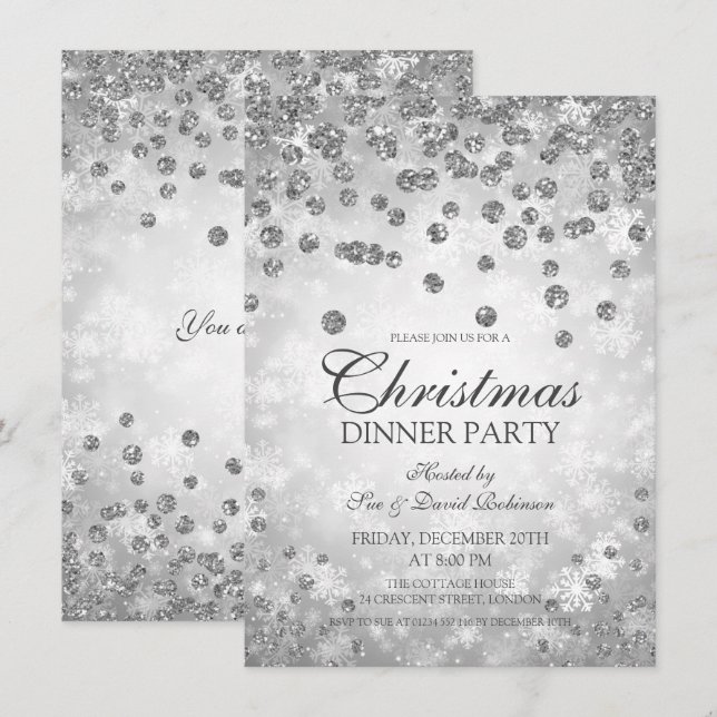 Silver Diamonds & Glitter Christmas Party Invitation (Front/Back)
