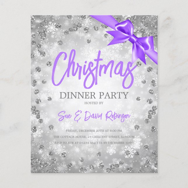 Silver Diamonds Glitter Christmas Purple Invite Flyer (Front)