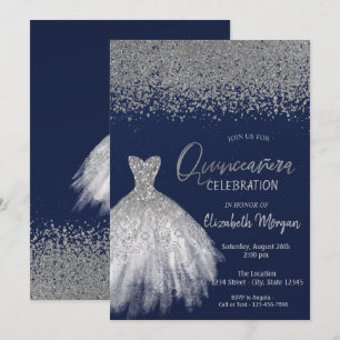 Silver Diamonds,Glitter Dress Blue Quinceañera Invitation