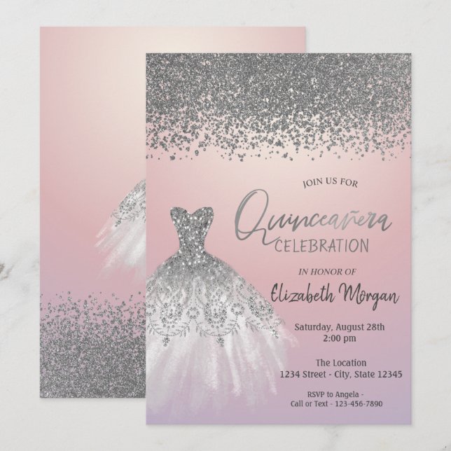 Silver Diamonds,Glitter Dress Pink Quinceañera  Invitation (Front/Back)