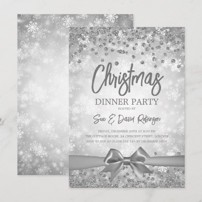 Silver Diamonds Glitter Ribbon Christmas Holiday Invitation (Front/Back)