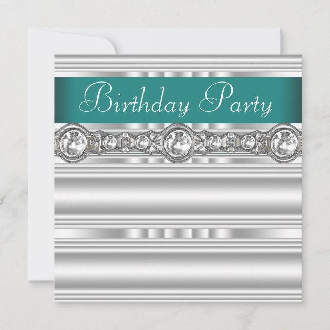 Silver Diamonds Jade Green Womans Birthday Party Invitation (Front)