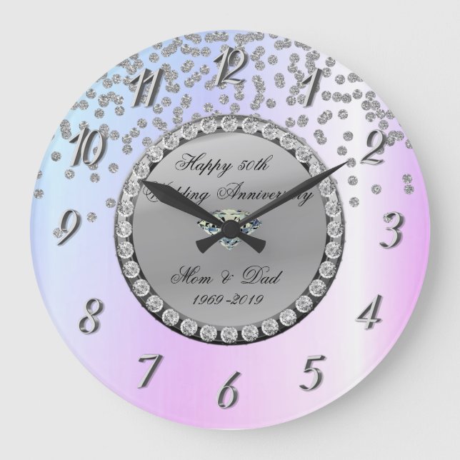 Silver Diamonds Ombre 25th Wedding Anniversary Large Clock (Front)