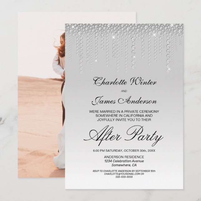 Silver Diamonds Photo Wedding After Party Invitation (Front/Back)