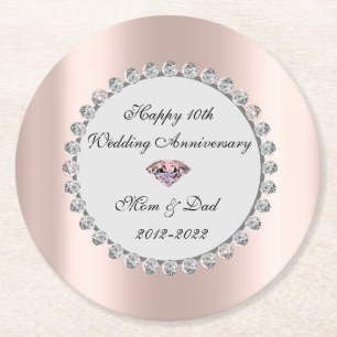 Silver Diamonds Rose Gold 10th Wedding Anniversary Round Paper Coaster