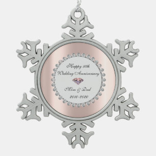 Silver Diamonds Rose Gold 10th Wedding Anniversary Snowflake Pewter Christmas Ornament