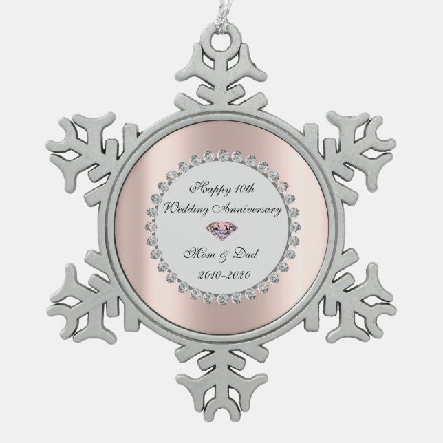 Silver Diamonds Rose Gold 10th Wedding Anniversary Snowflake Pewter Christmas Ornament (Front)