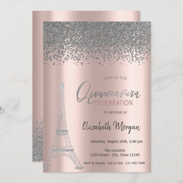 Silver Diamonds Rose Gold,Eiffel Tower Quinceanera Invitation (Front/Back)