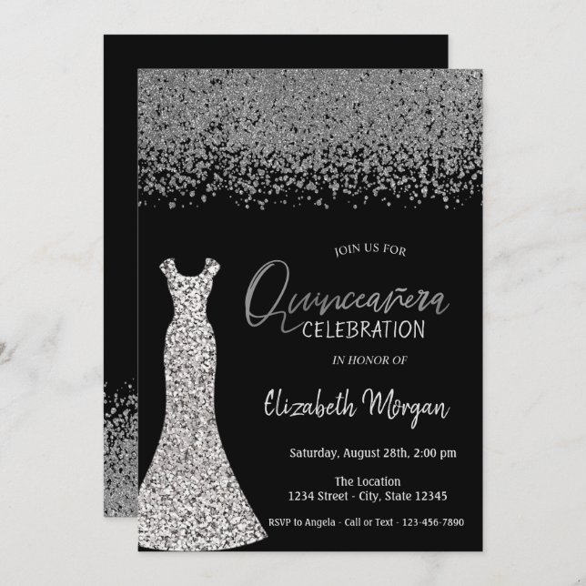 Silver Diamonds,Sequins Dress Black Quinceañera Invitation (Front/Back)