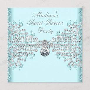 Silver Diamonds Teal Blue Sweet 16 Birthday Party Invitation