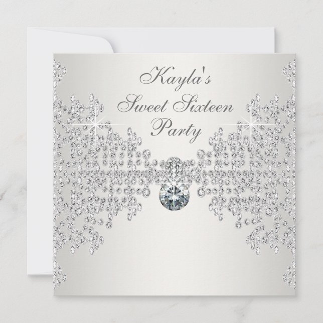 Silver Diamonds White Sweet Sixteen Birthday Party Invitation (Front)