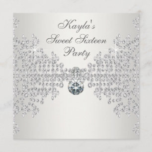 Silver Diamonds White Sweet Sixteen Birthday Party Invitation