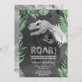 Silver Dinosaur Roar Birthday Invitation