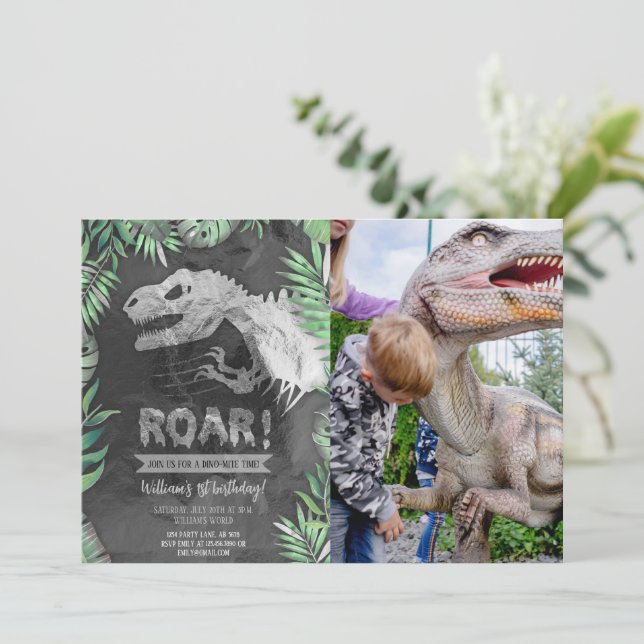 Silver Dinosaur Roar Birthday Photo Invitation (Standing Front)