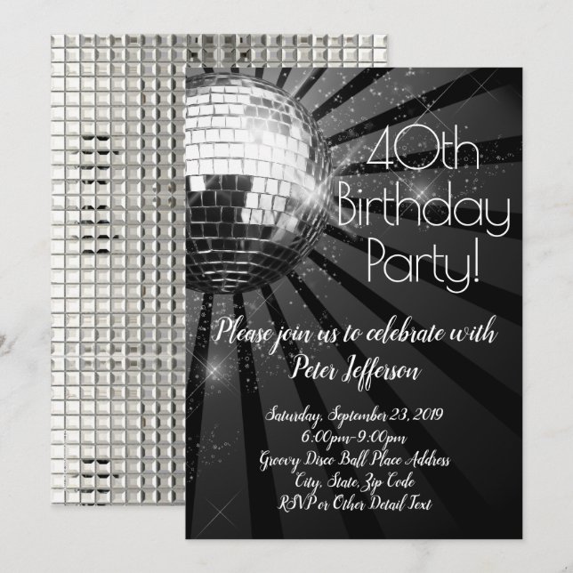 Silver Disco Ball 40th Birthday Party Invitation (Front/Back)