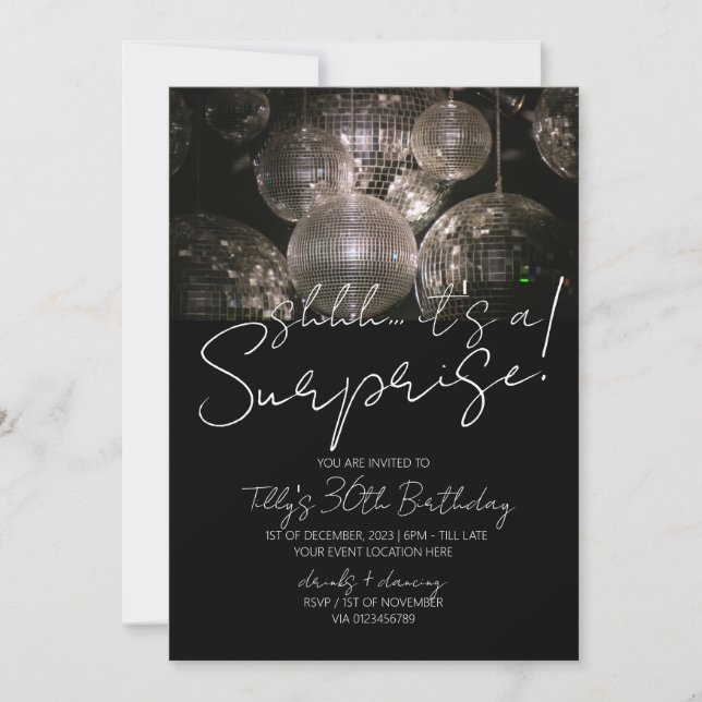 Silver disco ball birthday modern surprise party  invitation (Front)