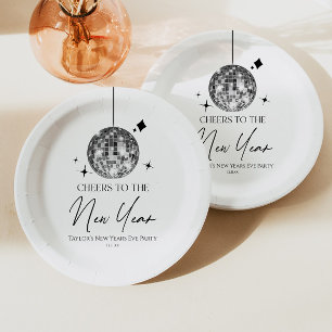 Silver Disco Ball Cheers New Years Eve Party Paper Plate