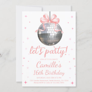 Silver Disco Ball   pink bow Birthday  Invitation